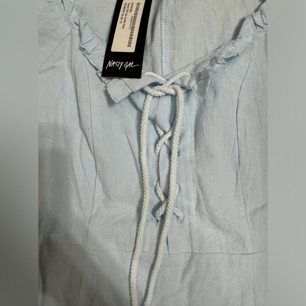 {SOLD} NWT Nasty Gal Light Blue Linen Lace Up Mini Dress- Size 8 - Picture 6 of 9